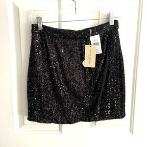 NEW Ramy Brook Black Sequin faux wrap Mini Skirt women sz 6 back zipper NWT